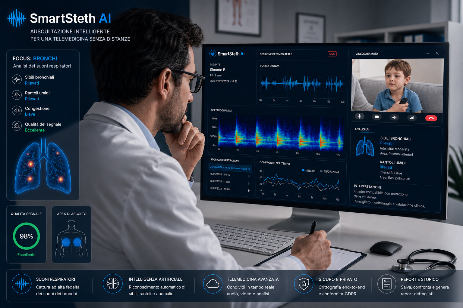 Medico durante un teleconsulto con analisi SmartSteth AI