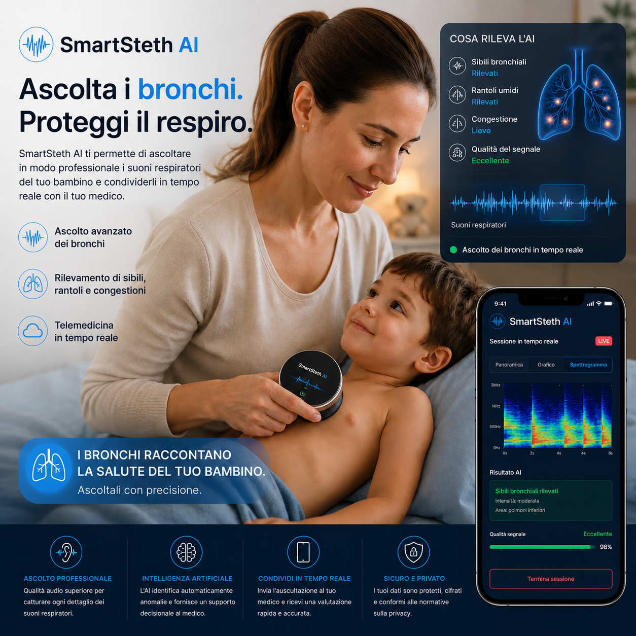 Mamma utilizza SmartSteth AI con il proprio bambino durante un controllo da casa
