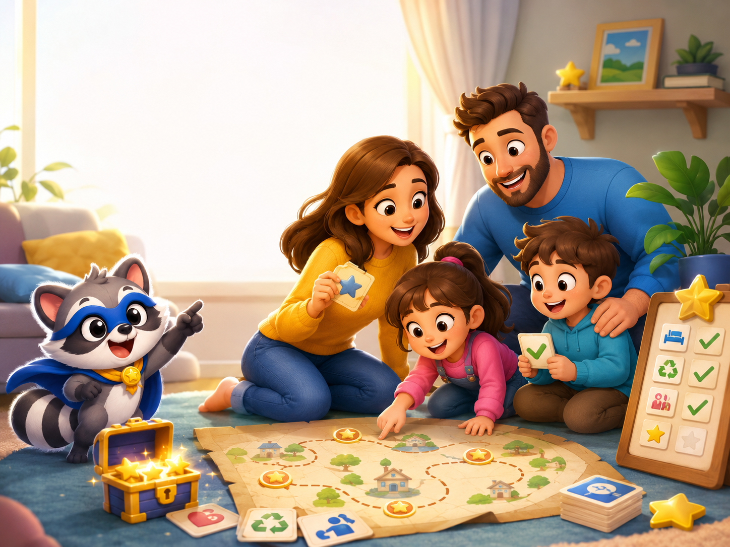 Famiglia che completa missioni quotidiane su una mappa di gioco